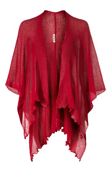 Rotes, locker fallendes, netzartiges Strickshirt mit offenen, halblangen Ärmeln und asymmetrischem Saum