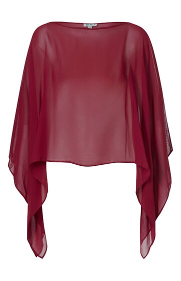 Rotes, transparentes Oberteil mit weitem Schnitt, langem, fließendem, asymmetrischem Ärmel, rundem Ausschnitt, lockerer Passform