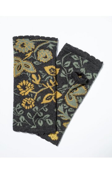 Armstulpen dunkelgrau mit floraler, gelb-grüner Musterung, geripptes Strickmuster, gezackte Ränder, länglicher, schmaler Schnitt