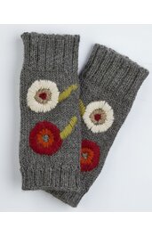 Fingerlose Handschuhe in dunklem Grauton mit eingestricktem Blumenmuster in Weiß, Rot, Orange und Gelb, geripptes Bündchen, gestrickte Struktur