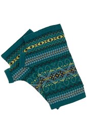 Fingerlose Handschuhe in Petrol mit gelbem, grauem und schwarzem Norwegermuster, gerippte Bündchen, handgestrickt, rechteckige Form für die Fingerfreiheit