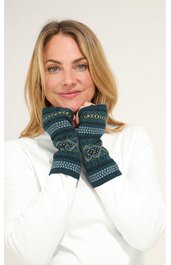 Fingerlose Handschuhe in Dunkelblau mit hellblauen, hellgrünen und weißen Mustern, gestrickt, enganliegend, getragen von Frau in weißem Pullover, Hände nah am Gesicht