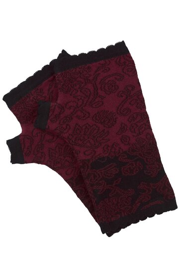 Fingerlose Handschuhe in dunkelrot mit schwarzem floralen Muster, schwarze Bündchen, gerippt, elastisch, ohne Fingerspitzen, kurze Länge