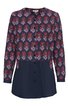 Langärmlige Bluse dunkelblau und weinrot, Oberteil mit floraler Musterung, Unterteil einfarbig dunkelblau, durchgehende Knopfleiste, Rundhalsausschnitt, gerade geschnitten