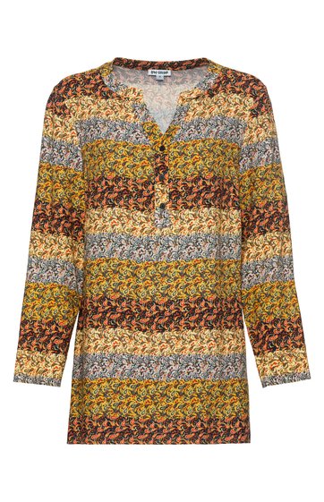 Langes Damenoberteil in Ockergelb, Rostrot und Grautönen mit floralen, wellenförmigen Streifen, V-Ausschnitt mit kurzer Knopfleiste, lange Ärmel, gerade geschnitten