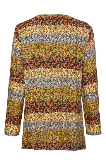 Langärmliger Damenblazer in Braun-, Gelb- und Grautönen, gemustert mit unregelmäßigen Streifen, gerade geschnitten, offen, ohne Verschluss, Rückenansicht