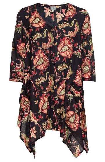 Dunkelblaues langärmliges Kleid mit buntem Blumenmuster in Rot und Beige, V-Ausschnitt, asymmetrischer Saum mit Zipfelsaum, lockere Passform