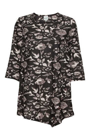 Damenbluse in Schwarz mit floralen Mustern in Hellrosa und Grau, Rundhalsausschnitt, lange Ärmel, asymmetrischer Saum