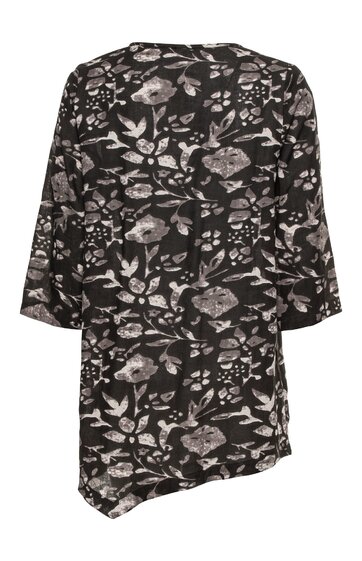 Schwarzes Damenoberteil mit weiß-grauem Blumenmuster, Rundhalsausschnitt, 3/4-Ärmel, asymmetrischer Saum, locker geschnitten