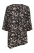 Schwarzes Damenoberteil mit weiß-grauem Blumenmuster, Rundhalsausschnitt, 3/4-Ärmel, asymmetrischer Saum, locker geschnitten