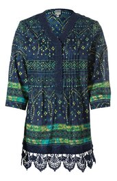 Dunkelblau-grüne Bluse mit floralen und geometrischen Mustern, V-Ausschnitt, 3/4 lange Ärmel, geschnürtes Taillendetail, mit Spitzenbesatz am Saum