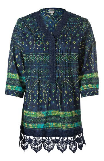 Dunkelblau-grüne Bluse mit floralen und geometrischen Mustern, V-Ausschnitt, 3/4 lange Ärmel, geschnürtes Taillendetail, mit Spitzenbesatz am Saum