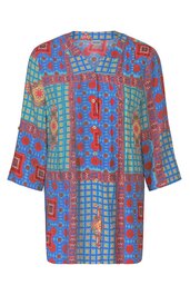 Langärmlige Bluse in Rot, Blau, Grün und Orange, geometrisches Muster mit Linien und Kreisen, Rundhalsausschnitt mit dekorativer Knopfleiste, gerade geschnitten