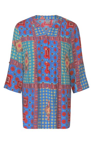 Langärmlige Bluse in Rot, Blau, Grün und Orange, geometrisches Muster mit Linien und Kreisen, Rundhalsausschnitt mit dekorativer Knopfleiste, gerade geschnitten