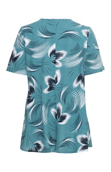 Kurzärmeliges T-Shirt in türkis mit abstraktem weiß-schwarzem Blumenmuster, Rundhalsausschnitt, gerader Saum