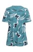 Kurzärmeliges T-Shirt in türkis mit abstraktem weiß-schwarzem Blumenmuster, Rundhalsausschnitt, gerader Saum