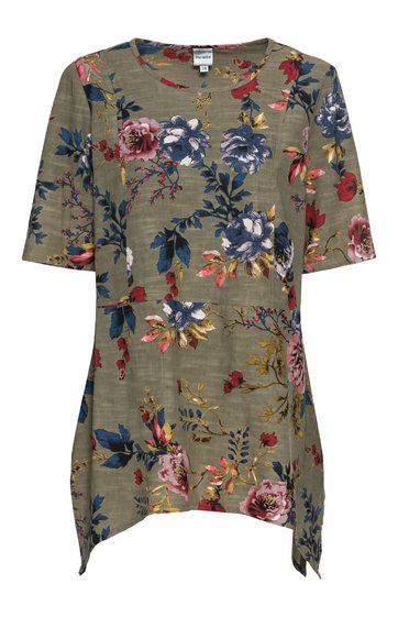 Olivgrünes Damenoberteil mit mehrfarbigem Blumenmuster, Rundhalsausschnitt, halblange Ärmel, asymmetrischer Saum mit Zipfeln