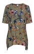Olivgrünes Damenoberteil mit mehrfarbigem Blumenmuster, Rundhalsausschnitt, halblange Ärmel, asymmetrischer Saum mit Zipfeln