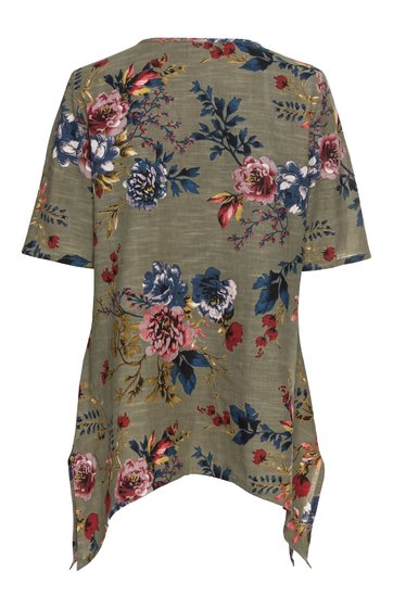 Olivgrünes Damenoberteil mit floralem Muster in Rot, Blau und Rosa, kurze Ärmel, asymmetrischer Saum mit spitzen Enden