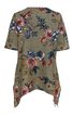 Olivgrünes Damenoberteil mit floralem Muster in Rot, Blau und Rosa, kurze Ärmel, asymmetrischer Saum mit spitzen Enden