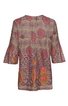 Tailliertes langes Oberteil in Beige mit roten und orangefarbenen Kreismustern und Ornamenten, dreiviertelärmel, rundhals, durchgehende Knopfleiste vorn, schmaler Kragen
