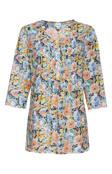 Blumentunika in Weiß mit gelben, orangen und blauen Blumen, V-Ausschnitt, knielang, 3/4-Ärmel, lockere Passform, ohne sichtbare Verschlüsse