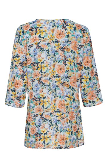 Tunika mit floralem Muster in Orange, Gelb, Blau und Grün auf weißem Grund, lange Ärmel, runder Halsausschnitt, gerade geschnitten
