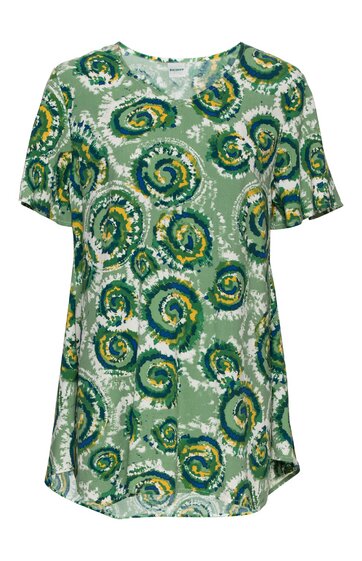 Kurzärmliges T-Shirt mintgrün mit abstraktem kreisförmigem Muster in blau, gelb und weiß, rundem Ausschnitt, gerade geschnitten