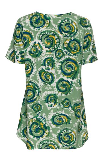 Grünes Damenoberteil mit runden, spiralförmigen Mustern in Blau, Gelb und Dunkelgrün, kurze Ärmel, Rundhalsausschnitt, leicht tailliert