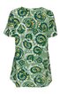 Grünes Damenoberteil mit runden, spiralförmigen Mustern in Blau, Gelb und Dunkelgrün, kurze Ärmel, Rundhalsausschnitt, leicht tailliert
