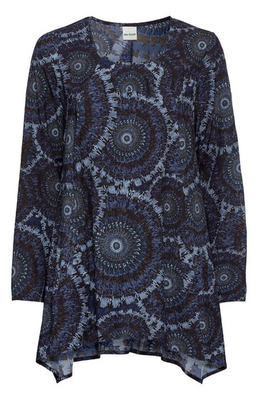 Langärmliges Tunikaoberteil in Dunkelblau mit mandalaartigem Kreismuster in Hellblau und Grau, Rundhalsausschnitt, lockere Passform, unregelmäßiger Saum