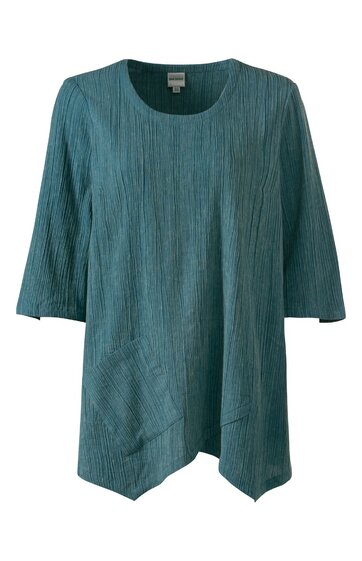 Bluse aus strukturiertem Stoff in gedämpftem türkis, rundhals, 3/4-lange Ärmel, asymmetrischer Saum, weite Passform