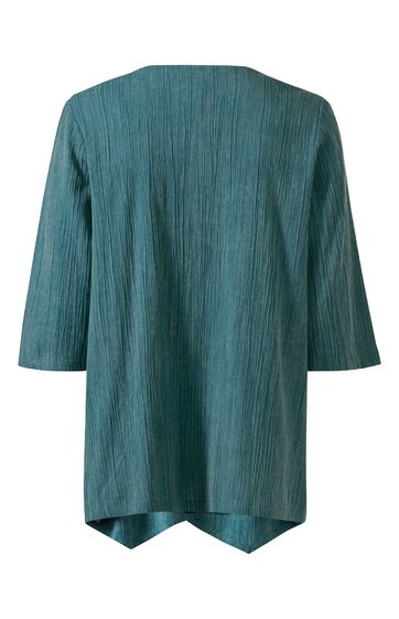 Olivgrüner Damenblazer mit leicht strukturiertem Muster, ohne Kragen, offene Front, lange Ärmel, asymmetrisch geschnittener Saum, Rückansicht