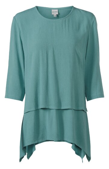 Damenoberteil in grünblau, einfarbig, Rundhals, dreiviertellange Ärmel, lockere Passform, asymmetrischer Saum mit spitz zulaufenden Enden vorne und hinten
