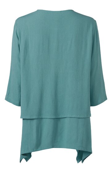 Türkise Damenbluse ohne Muster, rundhalsig, lange Ärmel, 2-lagig mit asymmetrischem Saum, Rückansicht