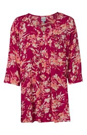 Rotes langärmliges Damenblusenshirt mit floralem Muster in Hellrosa und Beigetönen, Rundhalsausschnitt, Knopfleiste vorne, locker geschnitten