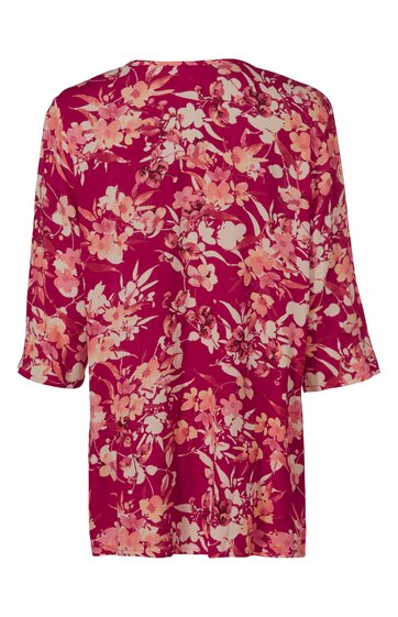 Rotes Blumenmuster-Kleid mit floralen rosa und weißen Motiven, 3/4-Ärmel, lockerer Schnitt, runder Ausschnitt, knielang, gerade geschnitten