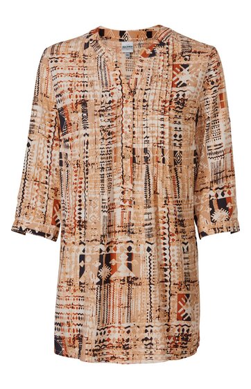 Langärmlige Tunika in Beige und Braun mit abstraktem Muster, V-Ausschnitt mit Knopfleiste, lockere Passform, 3/4-Ärmel mit kleinem Schlitz, gerade geschnitten