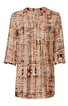 Langärmlige Tunika in Beige und Braun mit abstraktem Muster, V-Ausschnitt mit Knopfleiste, lockere Passform, 3/4-Ärmel mit kleinem Schlitz, gerade geschnitten