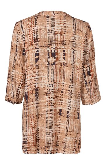 Longsleeve-Bluse in Beige und Braun mit abstraktem Muster, Rundhalsausschnitt, lange Ärmel, gerade geschnitten, kein sichtbarer Verschluss