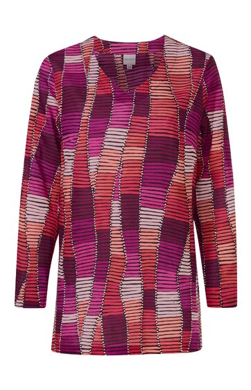 Langarmshirt in Pink und Rot mit abstraktem, gestreiftem Muster, V-Ausschnitt, gerade geschnitten