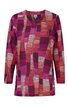 Langarmshirt in Pink und Rot mit abstraktem, gestreiftem Muster, V-Ausschnitt, gerade geschnitten