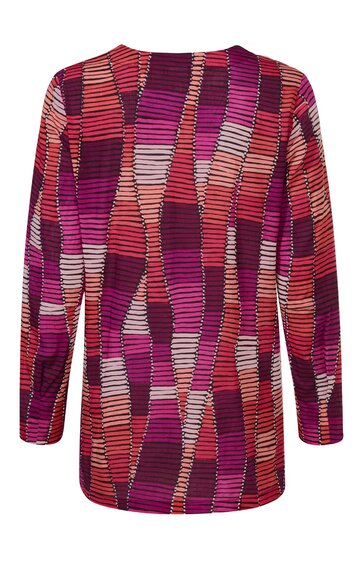 Langärmliges Damenoberteil in Rot- und Beerentönen, geometrisches Streifenmuster mit schmalen Linien, runder Ausschnitt, gerade Form, ohne sichtbare Verschlüsse