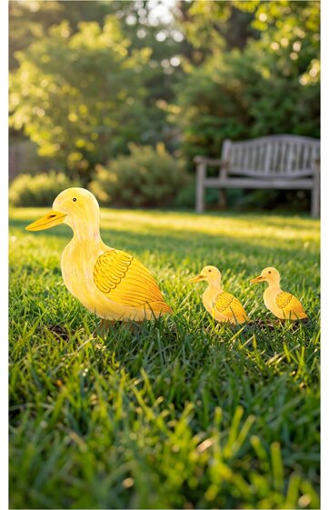 Drei gelbe Entenfiguren aus Kunststoff auf grünem Gras, eine große Ente vorne, zwei kleinere Entenküken dahinter, sonnige Gartenatmosphäre mit verschwommener Holzbank im Hintergrund
