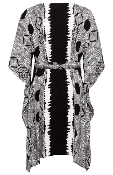 Weiß-schwarzer Kimono mit geometrischem Muster, Fledermausärmel, offener Front, Taillengürtel, locker fallende Passform