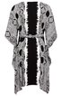 Weiß-schwarzer Kimono mit geometrischem Muster, Fledermausärmel, offener Front, Taillengürtel, locker fallende Passform