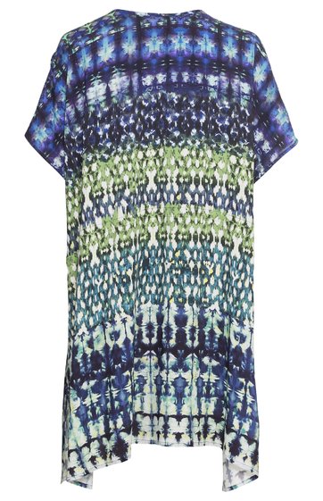 Kurzärmliges Kleid in Blau- und Grüntönen mit abstraktem, verlaufendem Mustermix, Rundhalsausschnitt, lockere Form, hinten länger geschnitten