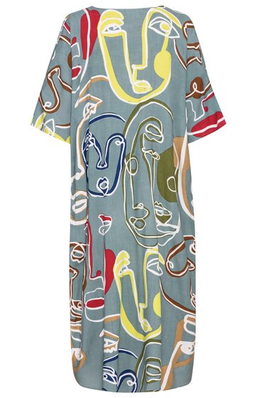 Kleid mit abstraktem Gesichtermuster, mittelgrau als Grundfarbe, bunte Elemente in Rot, Gelb, Blau und Weiß, locker geschnitten, kurze Ärmel, knöchellang