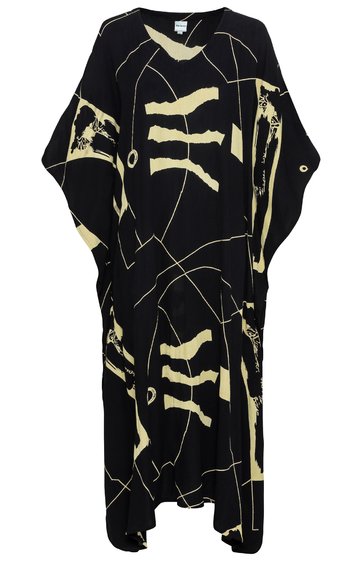 Schwarzes langes Kleid mit beigem abstraktem Muster, Rundhalsausschnitt, kurze weite Fledermausärmel, lockere Passform