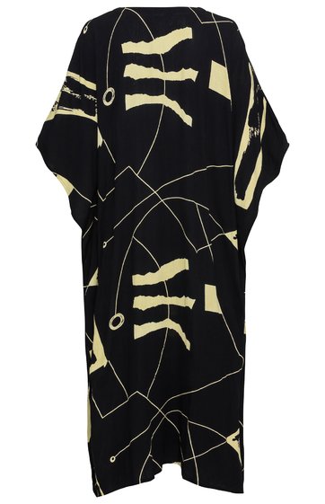 Schwarzes Kaftankleid mit cremefarbenen, abstrakten Linien und Formen, rundem Ausschnitt, lockere Form, ärmelloses Design